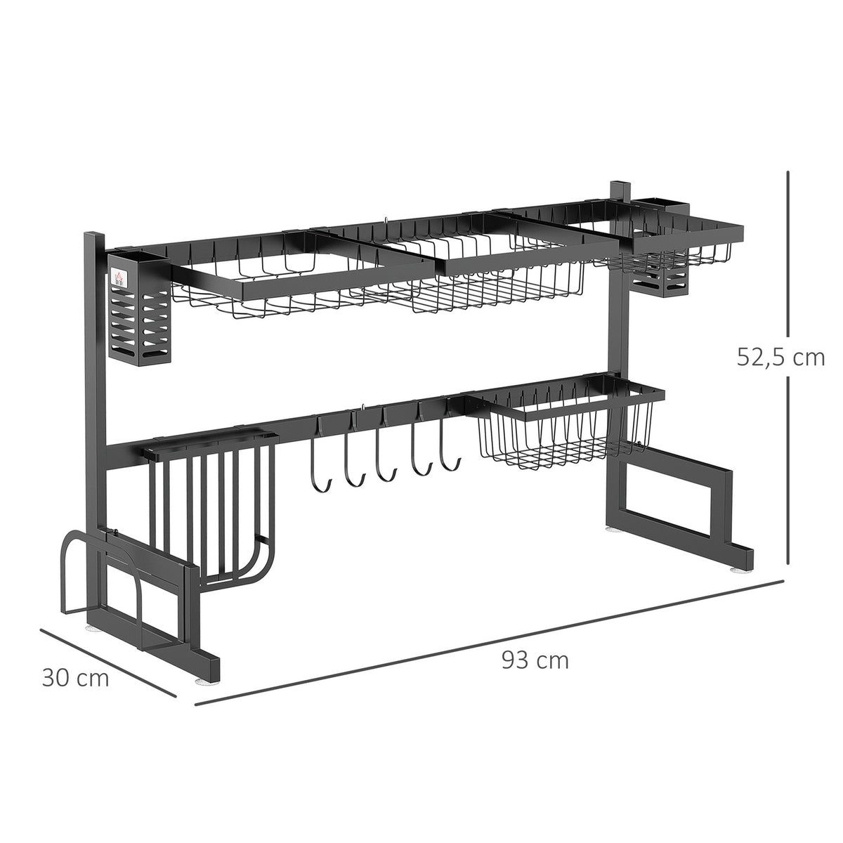 Dish Drainer Tableware, 2 Tier Dish Drainer with Hooks, Drip Tray, 52.5cm Dish Drainer Rack for Kitchen Sink, Steel, Black |