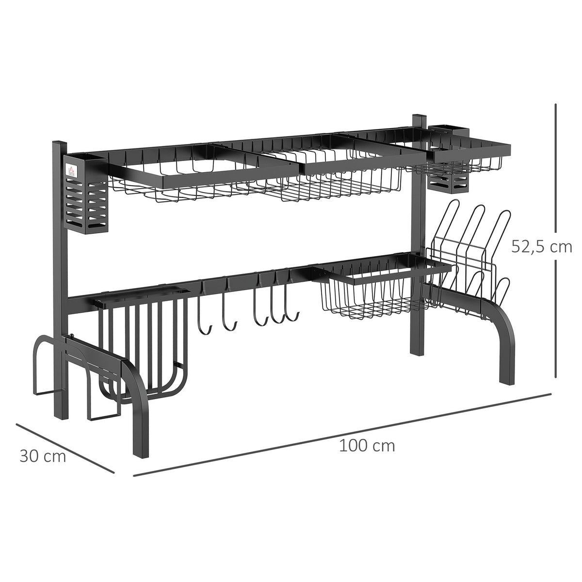Dish drainer, 2-tier drainer with hooks, plate rack, accessories, 100 cm steel, black