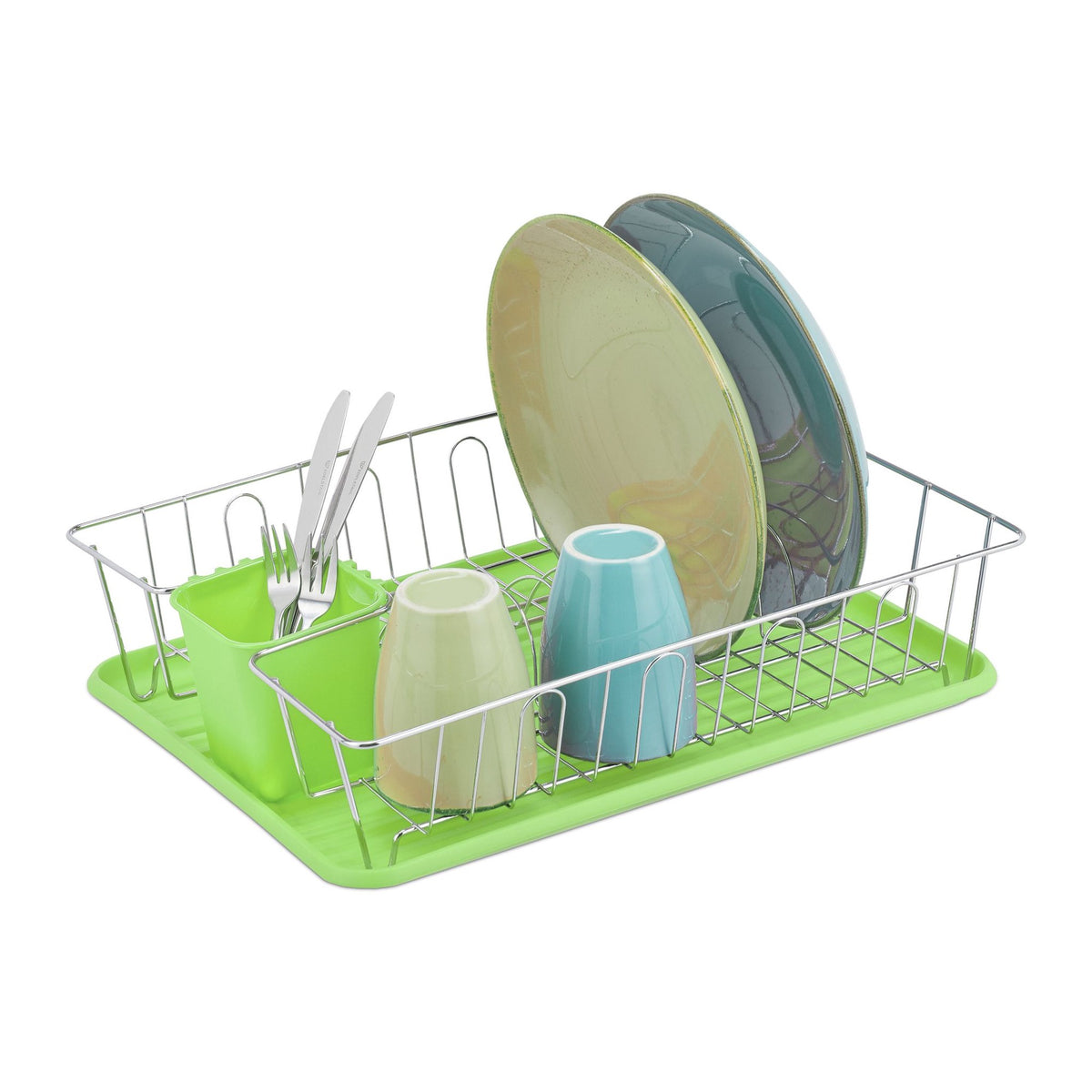 Dish rack with cutlery holder in green
