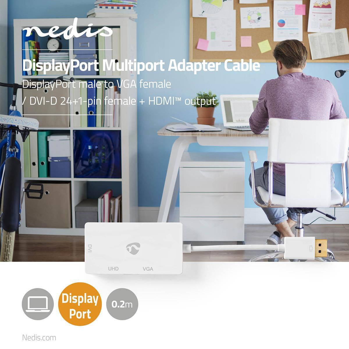 DisplayPort Adapter | DisplayPort Male | DVI-D 24+1-Pin Female / HDMI™ Female / VGA Female | 4K@60Hz | Gold Plated | Switchable | 0.20 m | Round | ABS | ABS | White | Box