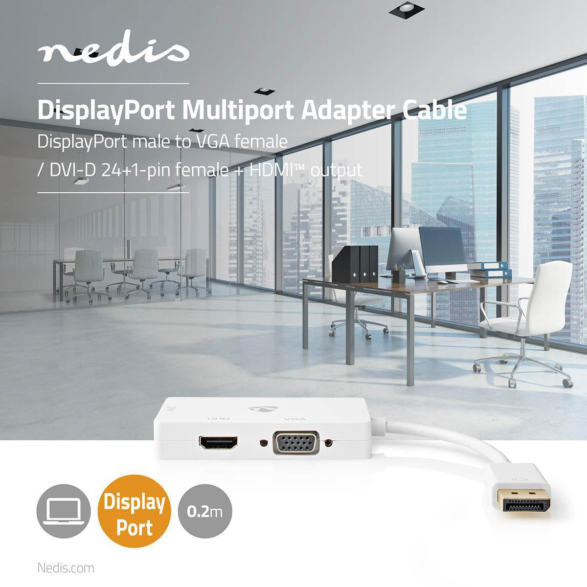 Displayport adapter | DisplayPort Male | DVI-D 24+1-Pin Female / HDMI™ Female / VGA female 15p | 4K@60Hz | Gold Plated | Switchable | 0.20 m | Round | ABS | ABS | White | Blisters