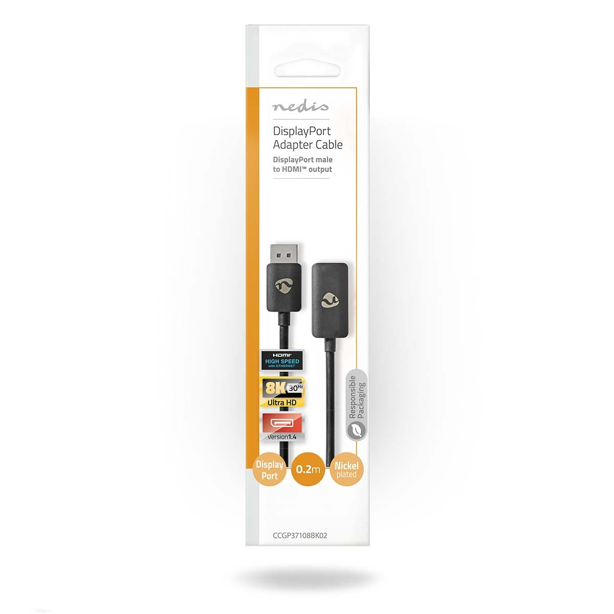 Displayport adapter | DisplayPort Male | HDMI™ Output | 8K@30Hz | Nickel Plated | Straight | 0.20 m | Round | TPE | PVC | Black | Envelope