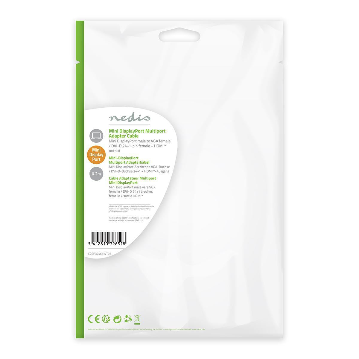 Displayport adapter | Mini DisplayPort Male | DVI-D 24+1-Pin Female / HDMI™ Female / VGA female 15p | 4K@60Hz | Nickel Plated | Switchable | 0.20 m | Round | ABS | ABS | White | Plastic bag