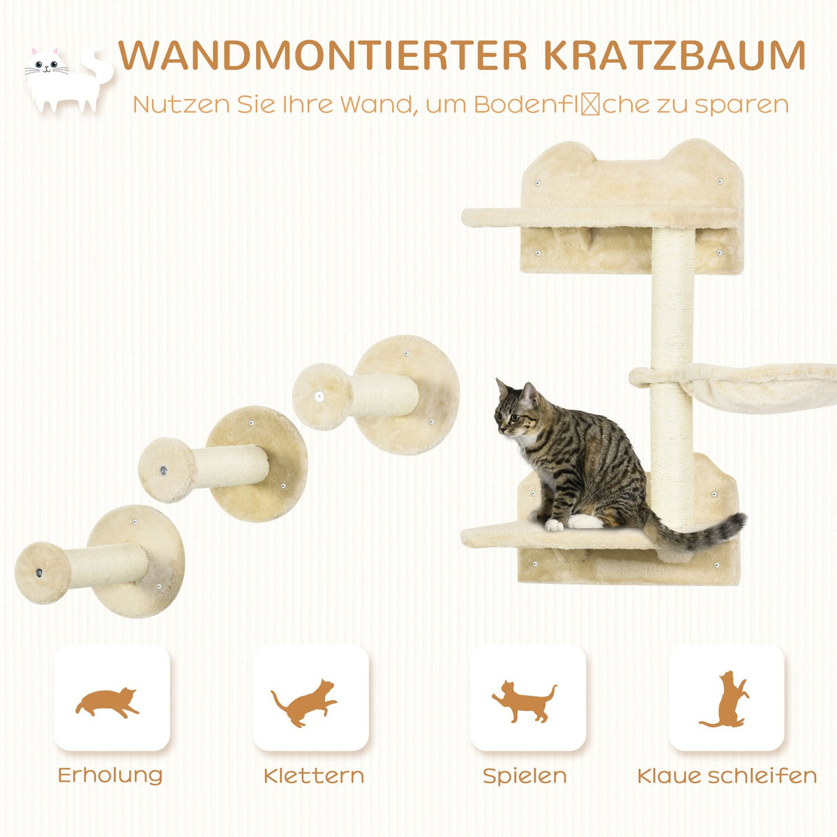 Diving Tower & 3 Scratching Posts, Climbing Wall With Hammock, Beige + Cream White