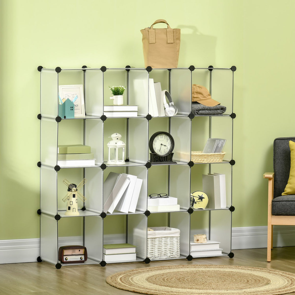 Diy Cube Shelving System With 16 Cubes, Storage Box, Plastic Cabinet, White, 125X32X125Cm