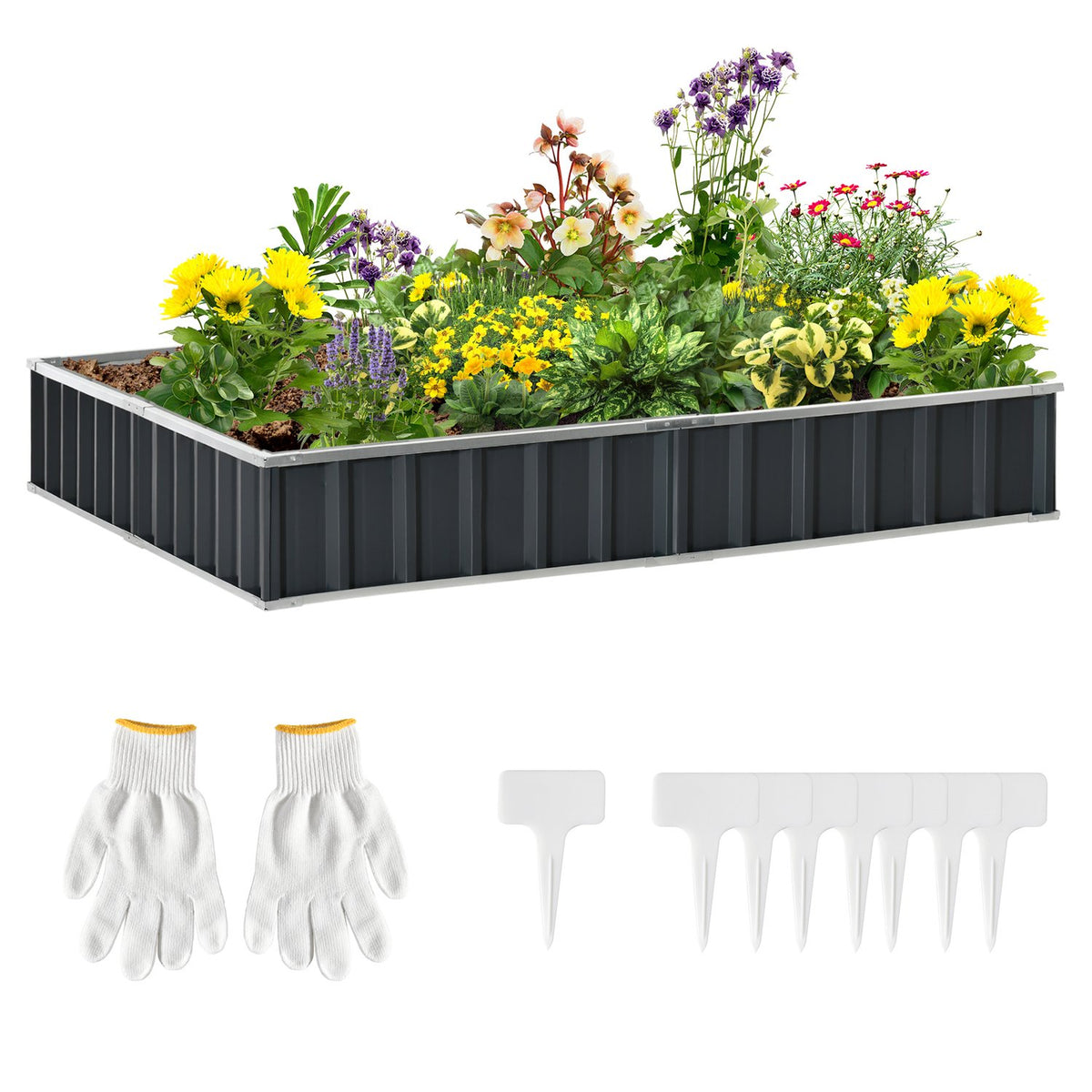 Diy Steel Raised Bed Garden Bed With T-Shape Plant Signs & Gloves, Dark Gray