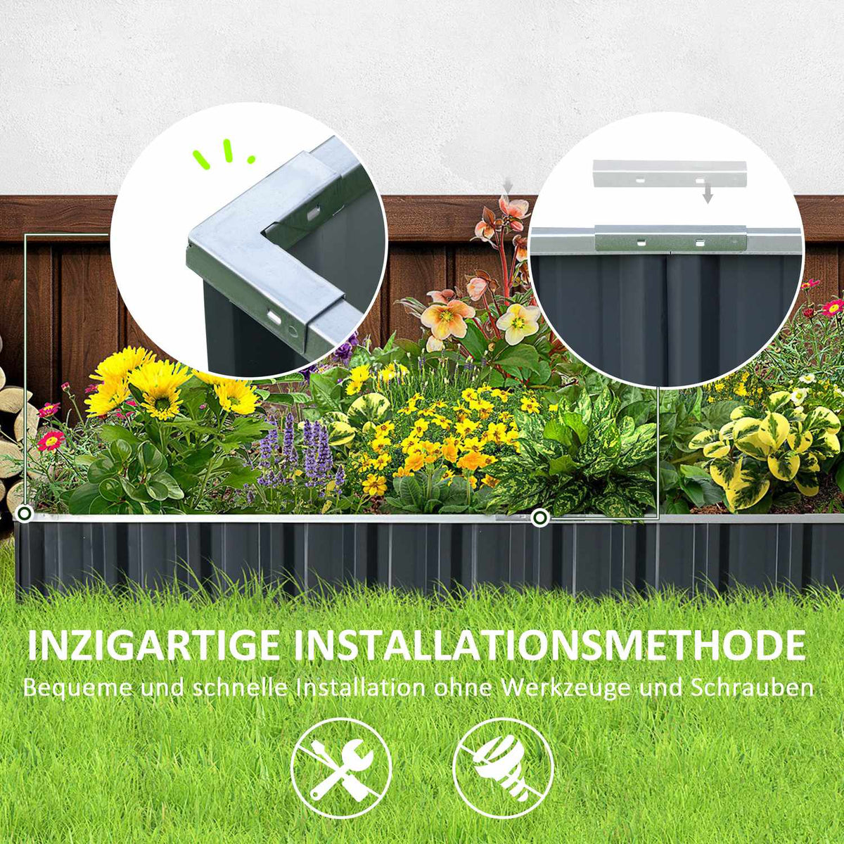 Diy Steel Raised Bed Garden Bed With T-Shape Plant Signs & Gloves, Dark Gray