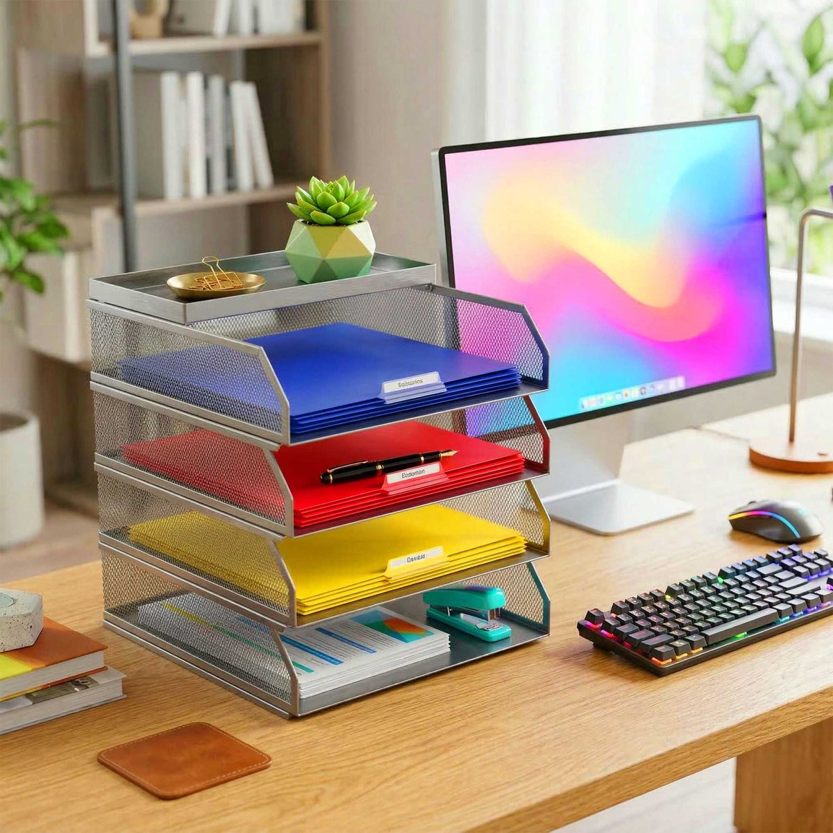 Document Organizer, Metal Mesh, 4-Tier A4 Trays