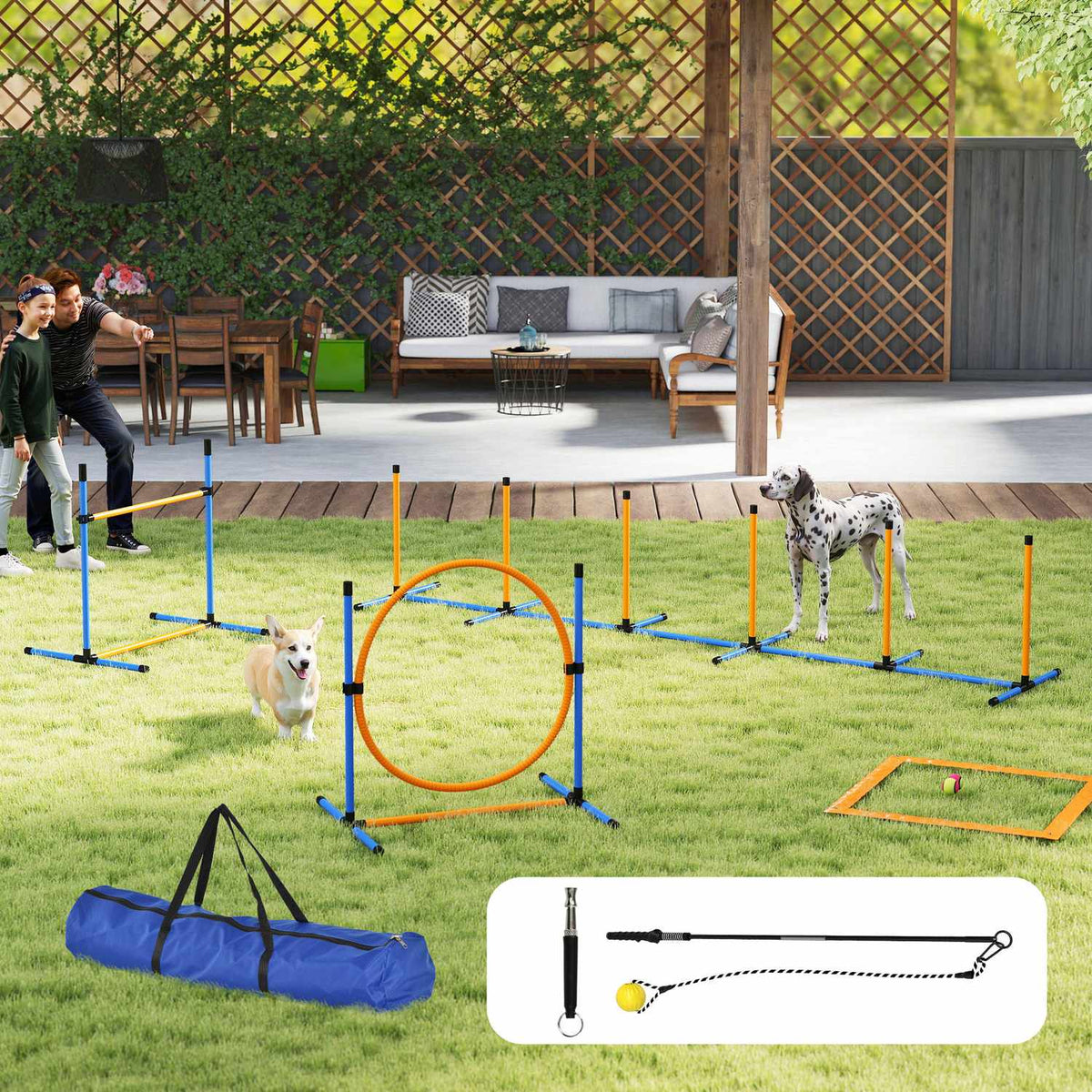 Dog Agility Set 9 Pieces Agility Equipment for Dog Training Hurdle Set with Slalom Poles Jump Hoop 2 Balls Height Adjustable Hurdles Coordination Training for Games Training
