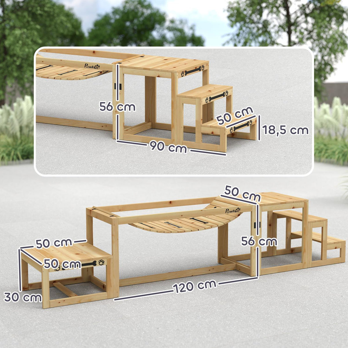 Dog Agility Set, Set of 4 Dog Training with Bridge, Stairs, Platform, Agility Equipment Made of Fir Wood for Large Dogs up to 40 kg, Natural Wood