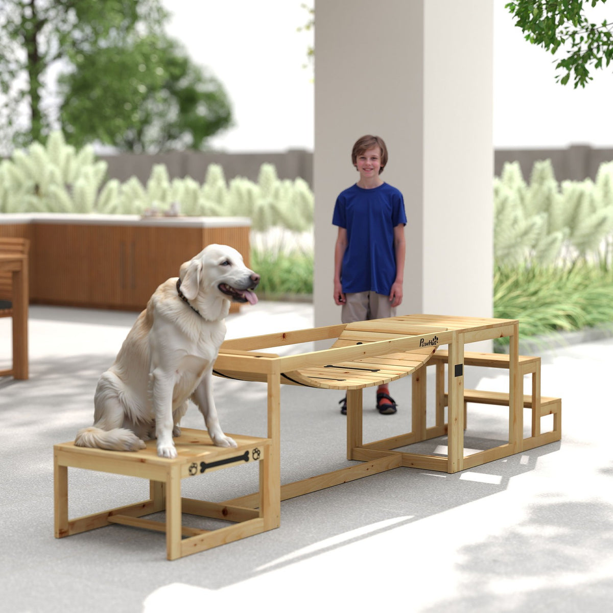 Dog Agility Set, Set of 4 Dog Training with Bridge, Stairs, Platform, Agility Equipment Made of Fir Wood for Large Dogs up to 40 kg, Natural Wood