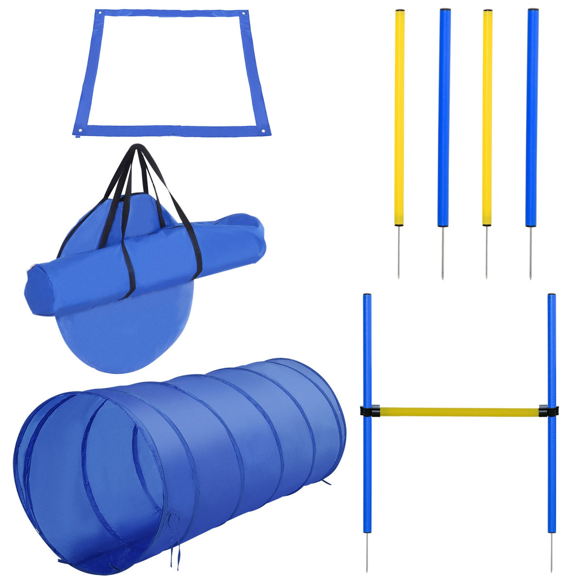 Dog Agility Training Equipment, Dog Agility Set, Dog Agility Course, Including Tunnel, Slalom Poles, Hurdle Pole Set, Starting Field, Blue + Yellow