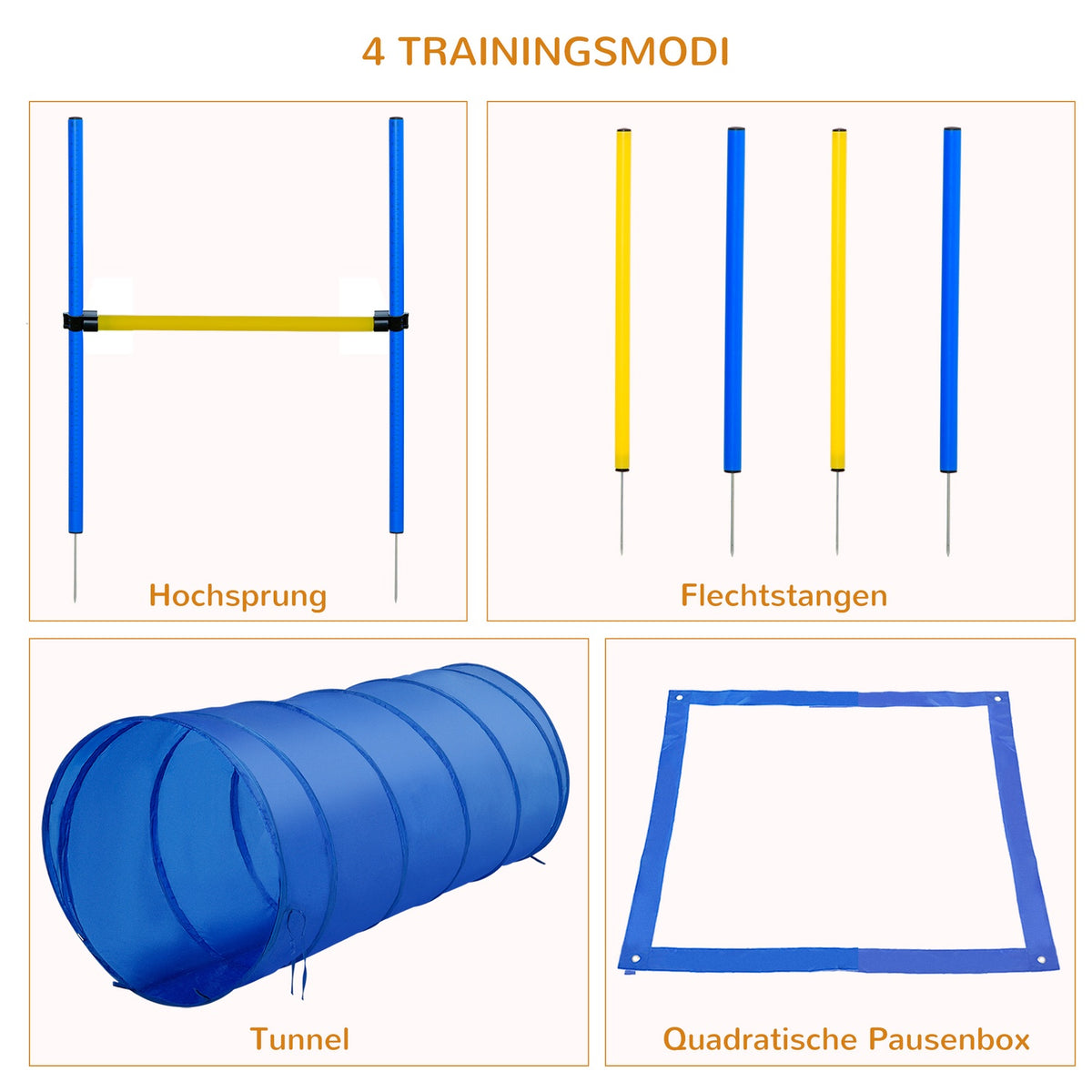 Dog Agility Training Equipment, Dog Agility Set, Dog Agility Course, Including Tunnel, Slalom Poles, Hurdle Pole Set, Starting Field, Blue + Yellow