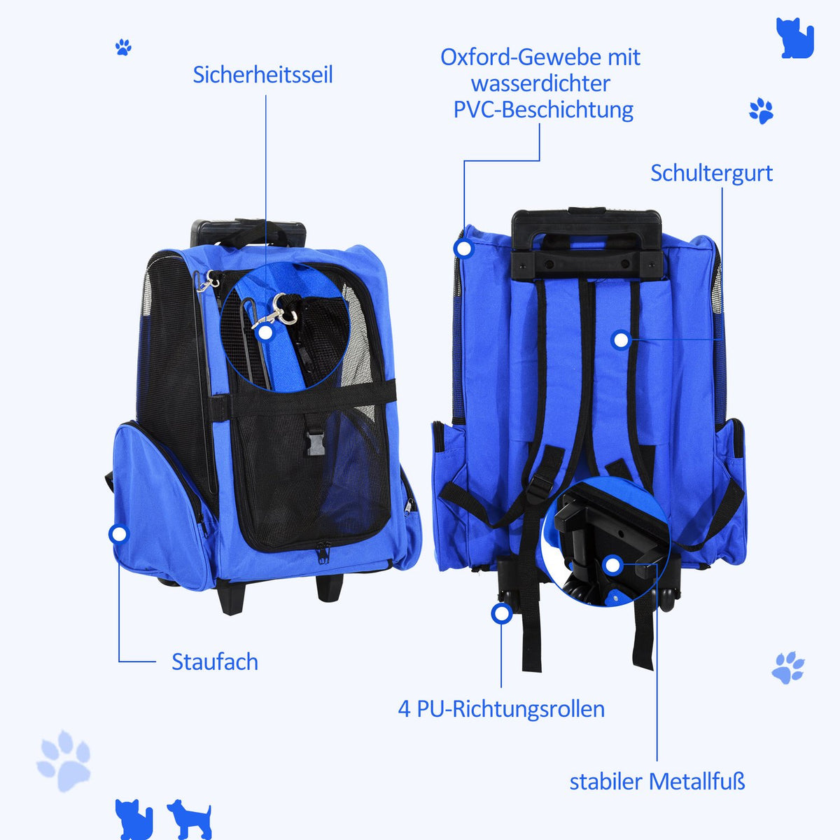 Dog Bag Carrier Bag Dog Trolley 2-In-1, Breathable, Oxford Fabric, Blue, 42X25X55 Cm
