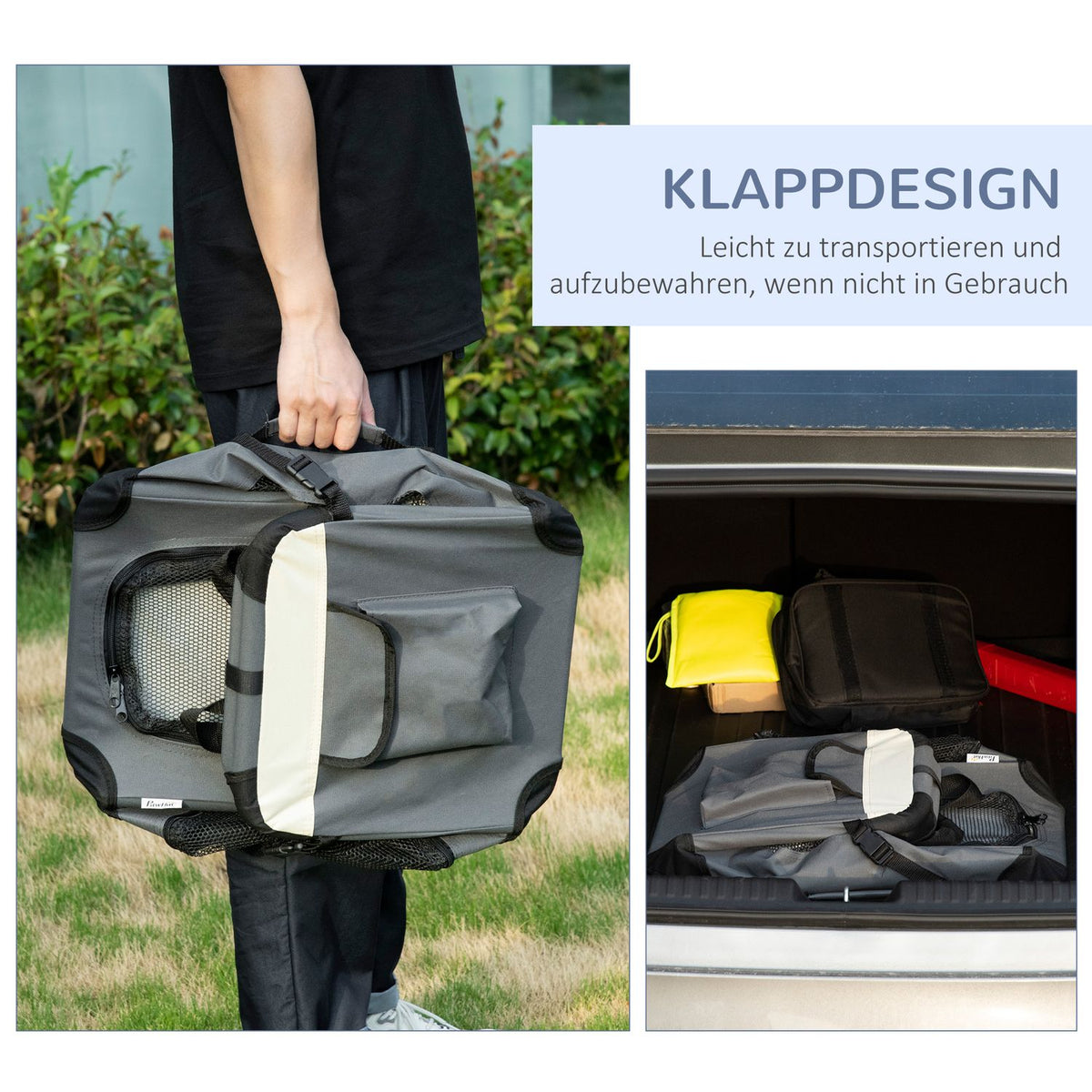 Dog Bag Transport Bag Foldable Dog Box With Cushion For Small Dogs Outdoor Oxford Fabric Gray + Black 50.5 X 33.5 X 35 Cm