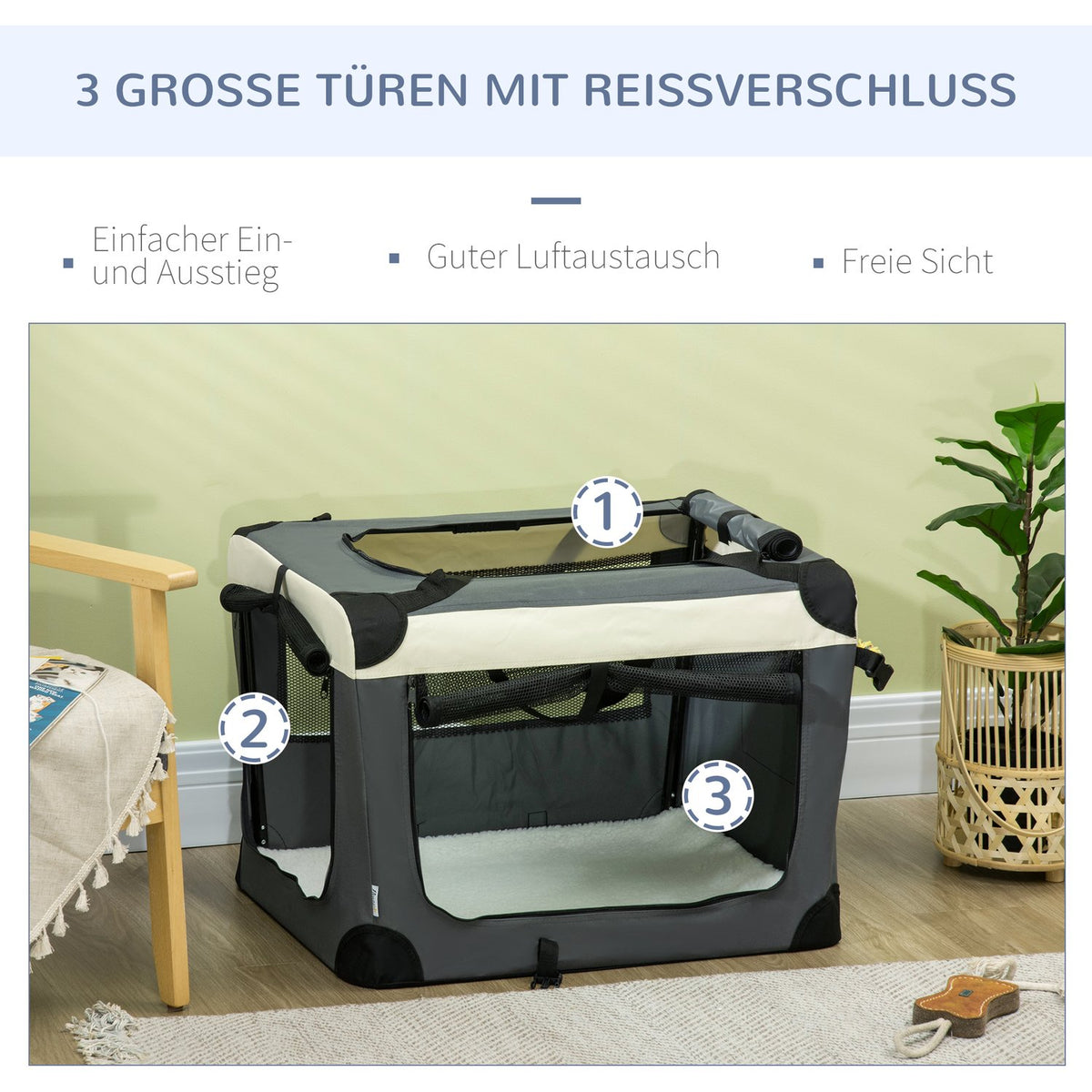 Dog Bag Transport Bag Foldable Dog Box With Cushion For Small Dogs Outdoor Oxford Fabric Gray + Black 70 X 51 X 50 Cm