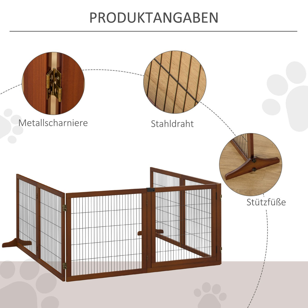 Dog Barrier Gate, 6 Pieces, 432 x 70 cm, Foldable Door Gate with 2 Support Feet, Freestanding Dog Gate, Stair Gate for Medium Dogs, for Hallway, Stairs, Coffee