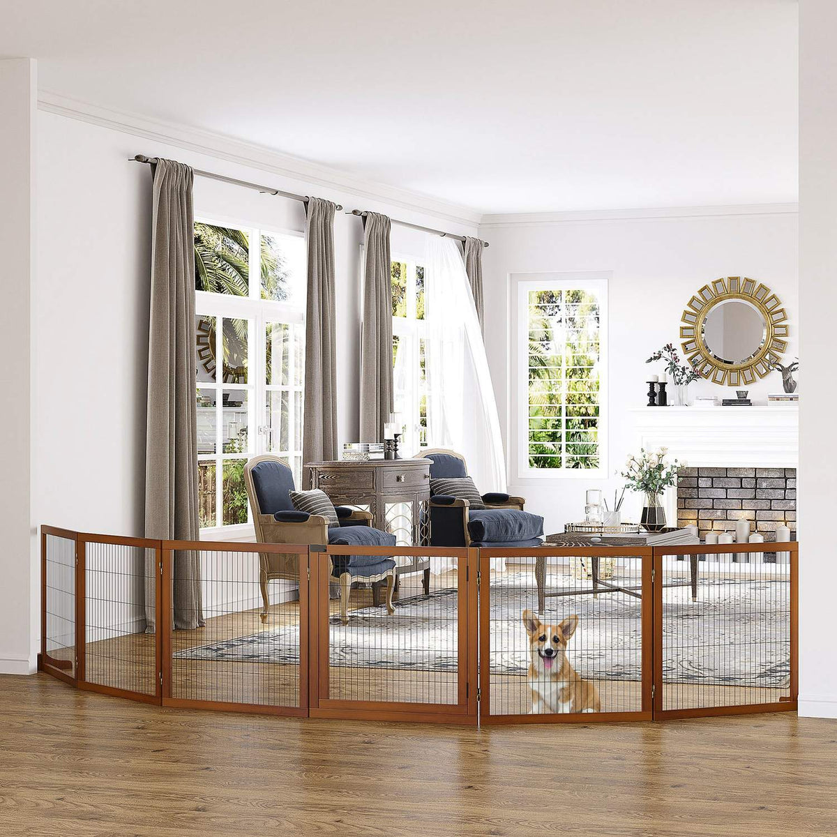 Dog Barrier Gate, 6 Pieces, 432 x 70 cm, Foldable Door Gate with 2 Support Feet, Freestanding Dog Gate, Stair Gate for Medium Dogs, for Hallway, Stairs, Coffee