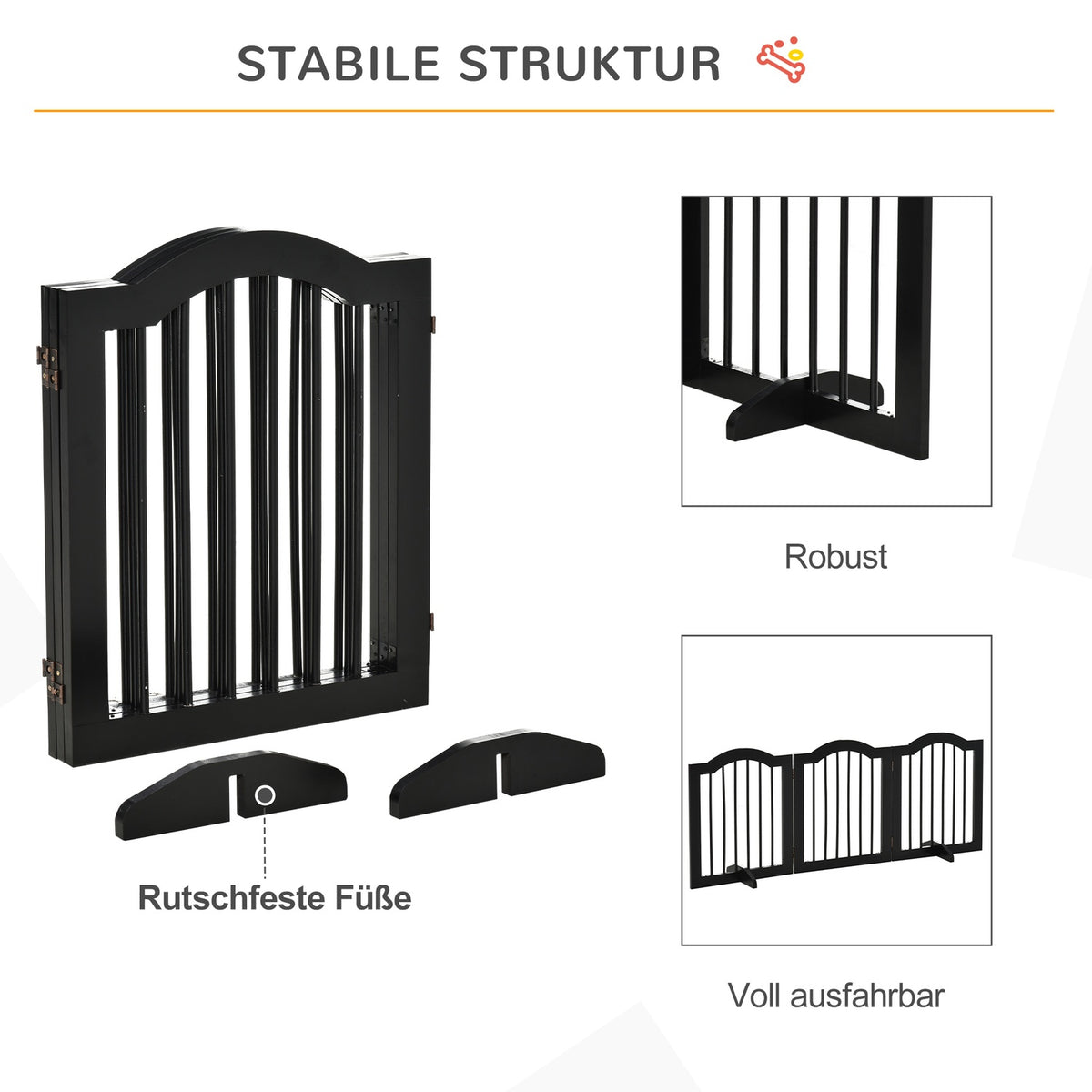 Dog Barrier Protective Gate Dog Gate Configuration Gate 3-Piece With Two Support Feet Stable Foldable Mdf Black 154.5X29.5X61Cm