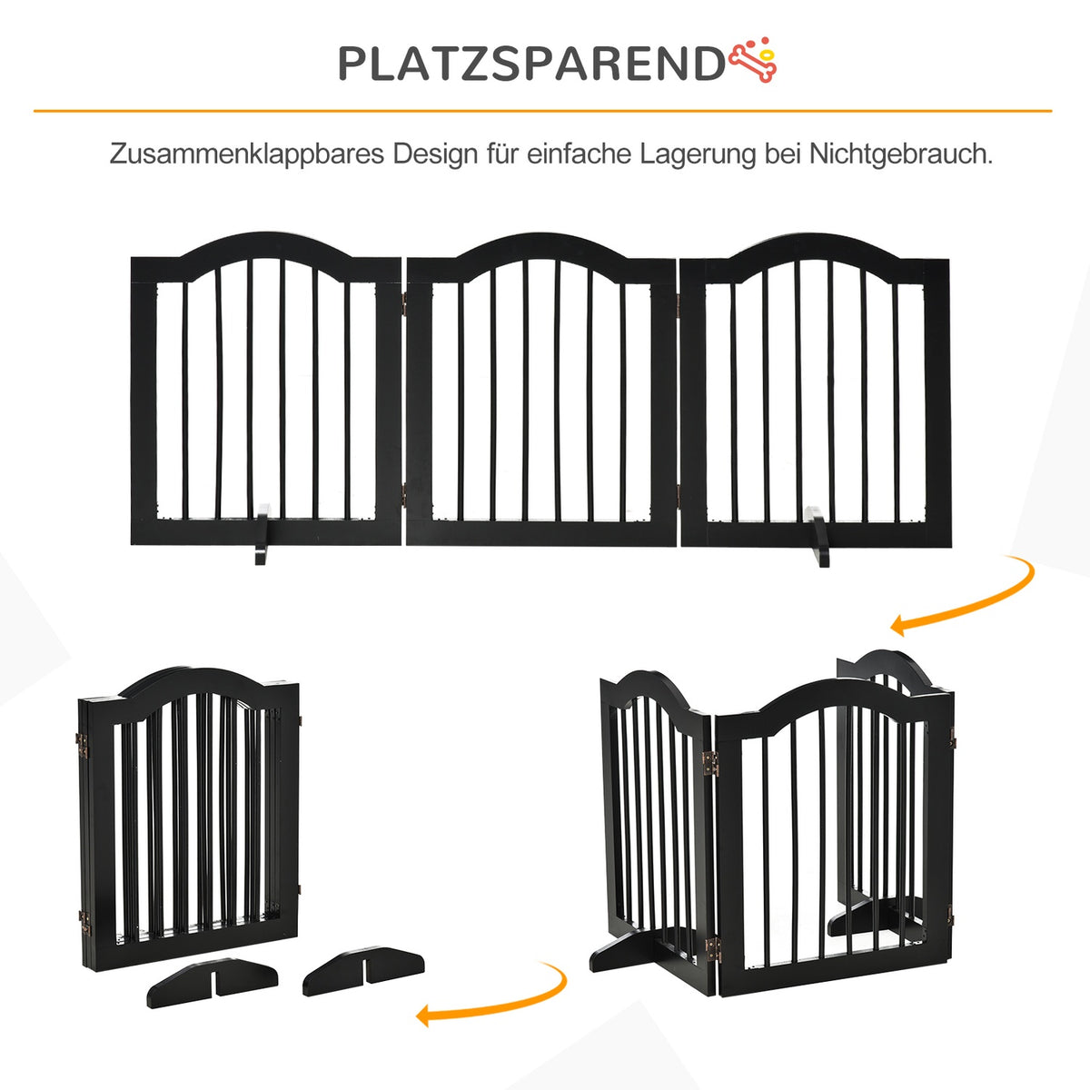 Dog Barrier Protective Gate Dog Gate Configuration Gate 3-Piece With Two Support Feet Stable Foldable Mdf Black 154.5X29.5X61Cm