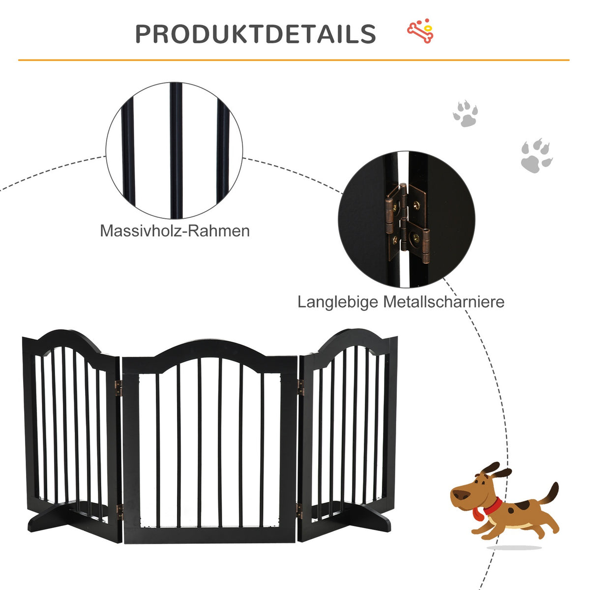 Dog Barrier Protective Gate Dog Gate Configuration Gate 3-Piece With Two Support Feet Stable Foldable Mdf Black 154.5X29.5X61Cm