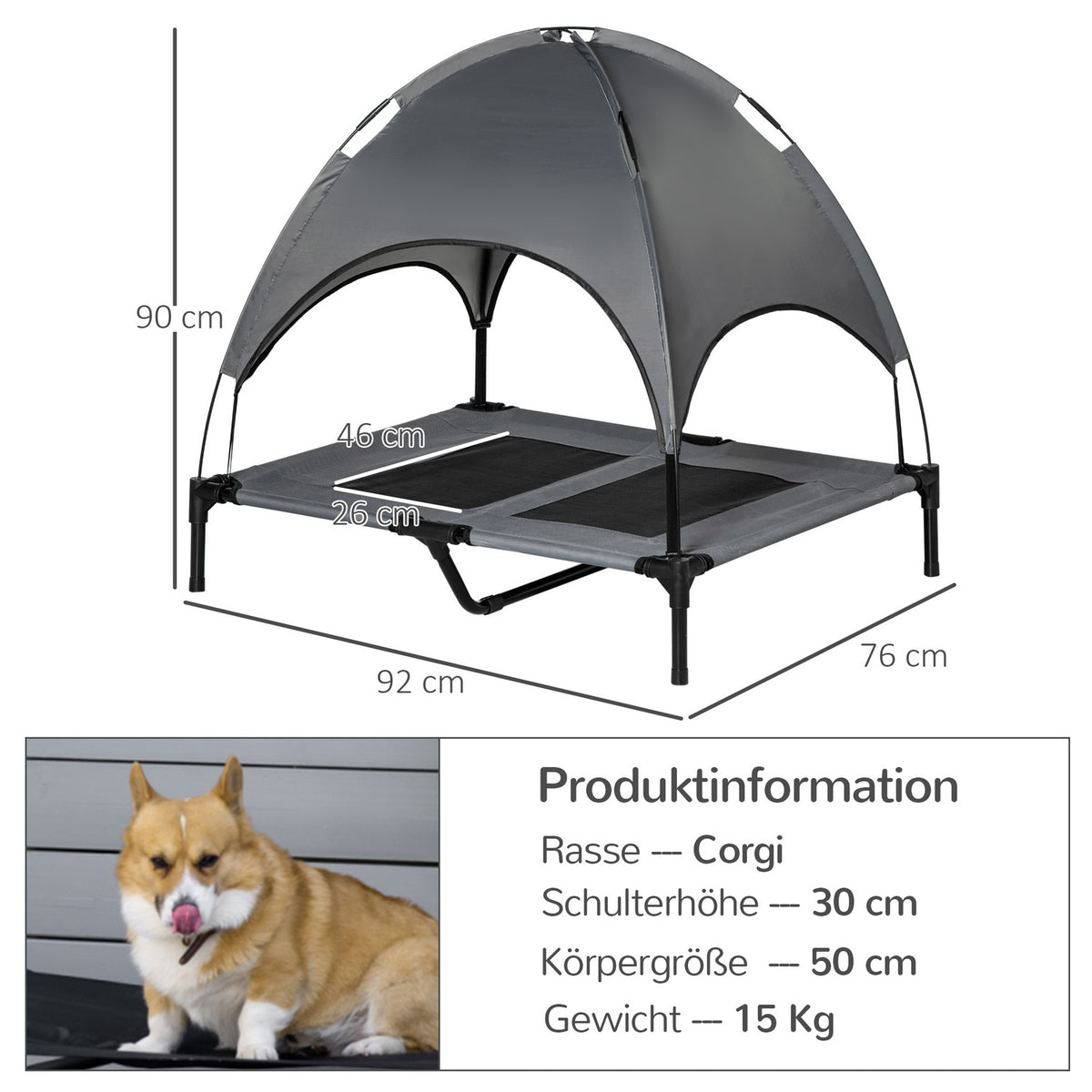Dog Bed Canopy Breathable Taffeta Fabric Gray 92X76X90Cm