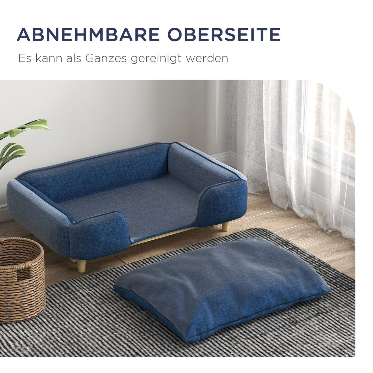 Dog Bed Dog Cushion Dog Basket Dog Sofa Wooden Legs, Polyester, Dark Blue, 96 X 66 X 24 Cm