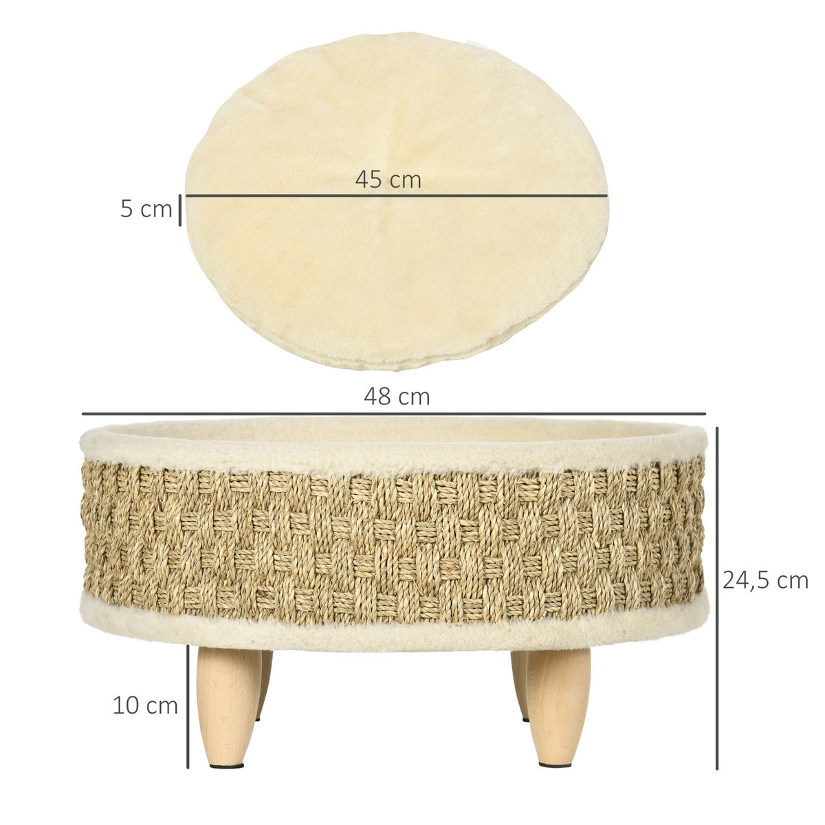 Dog Bed Elevated Pet Bed With Washable Cushion, Seagrass Rope And Wooden Legs, Round, Beige+Khaki, 48X48X24.5Cm