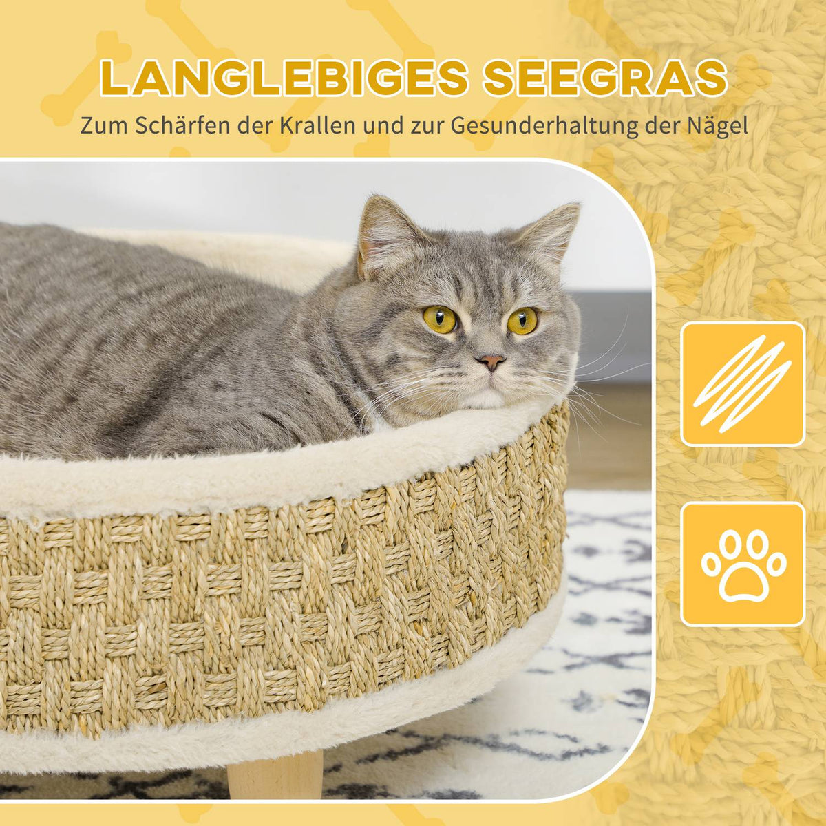 Dog Bed Elevated Pet Bed With Washable Cushion, Seagrass Rope And Wooden Legs, Round, Beige+Khaki, 48X48X24.5Cm