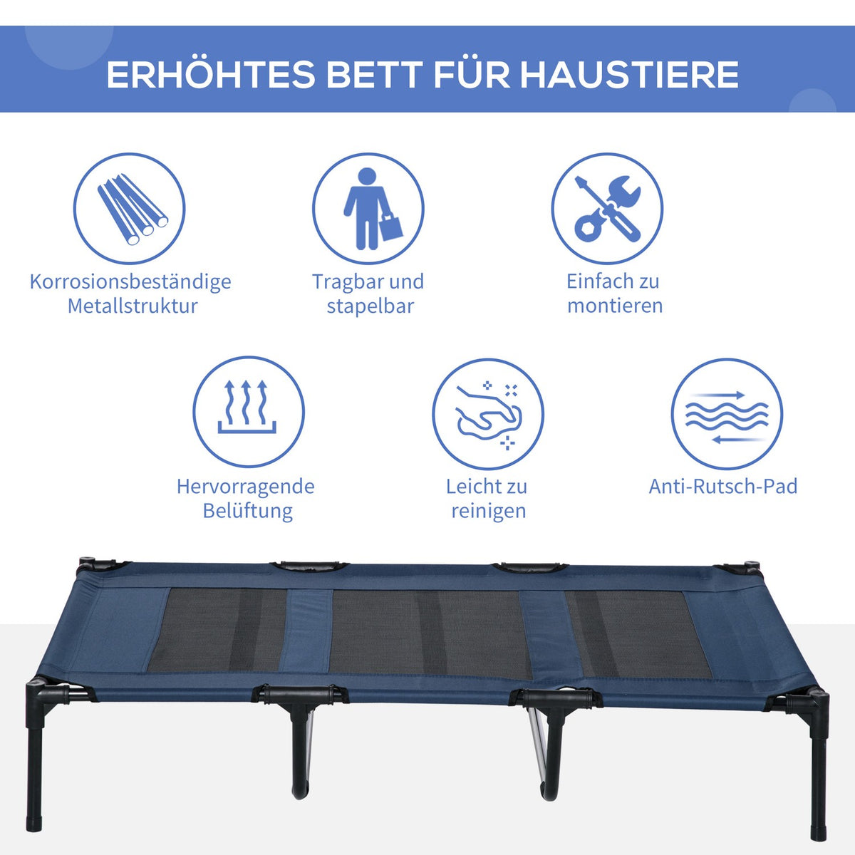 Dog Bed Outdoor Dog Lounger Cat Bed Metal Oxford Fabric Dark Blue 122X92X23Cm