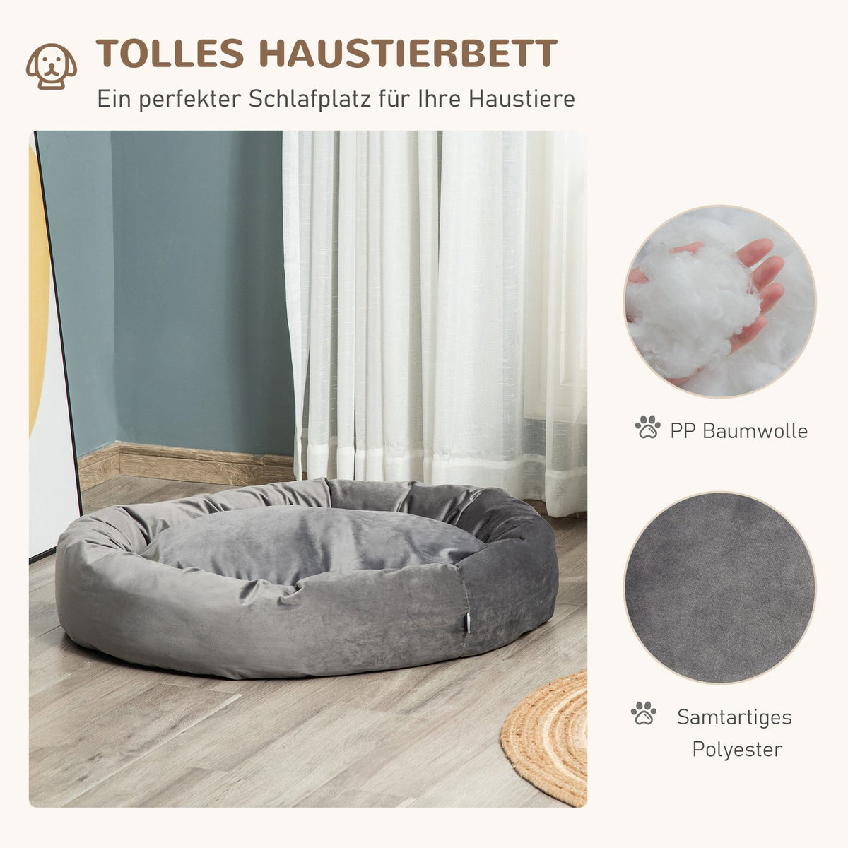 Dog Bed Round Pet Bed Made Of Velvety Polyester, Dark Gray, Removable & Washable, For Dogs & Cats