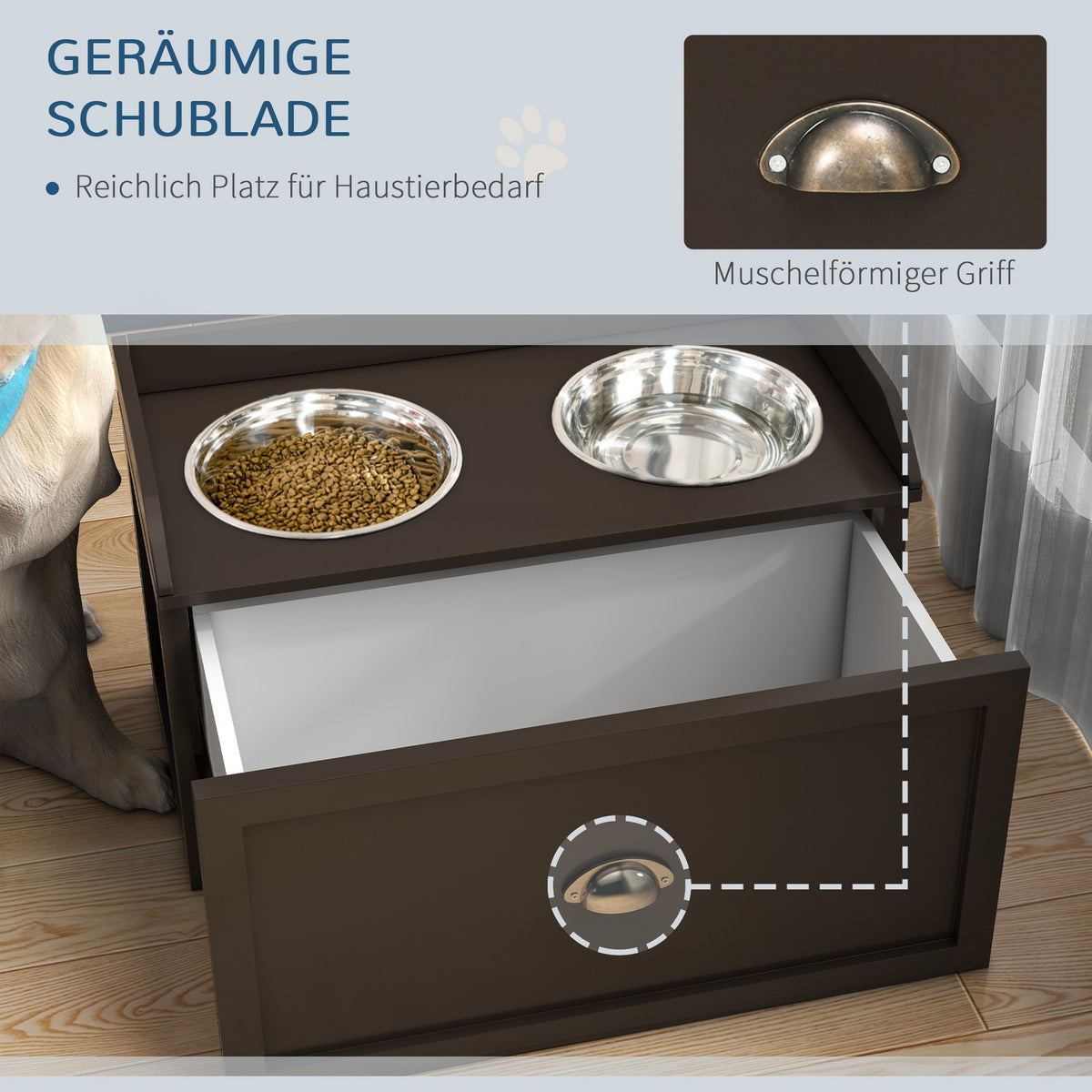 Dog Bowl, 2 x 2L Feeding Bowl, Elevated Feeding Bowl with Drawer, Stainless Steel Bowl, Feeding Station for Large Dogs, Coffee