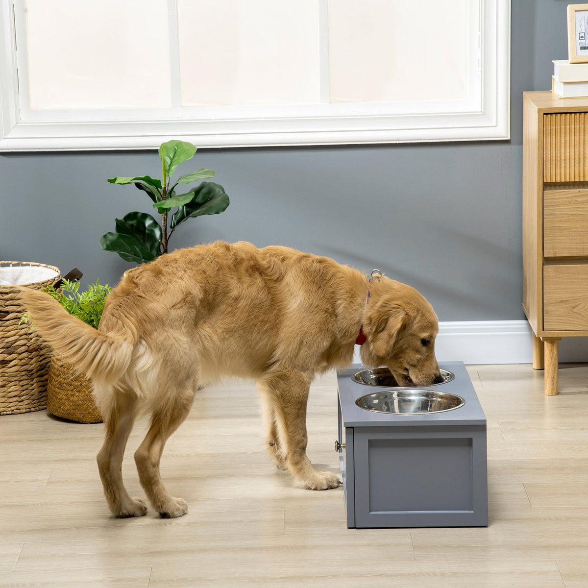 Dog Bowl Drawer Stainless Steel Double Bowl Medium Dog Gray Feeding Station
