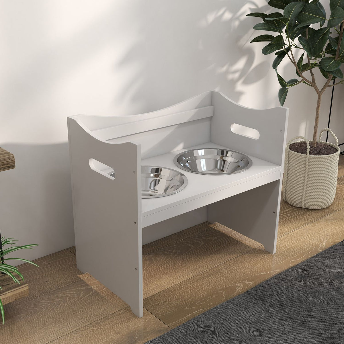 Dog Bowl Height Adjustable Feeding Bowl Feeding Station 2L Stainless Steel Feeding Stand Handle Dog Bar All Sizes White