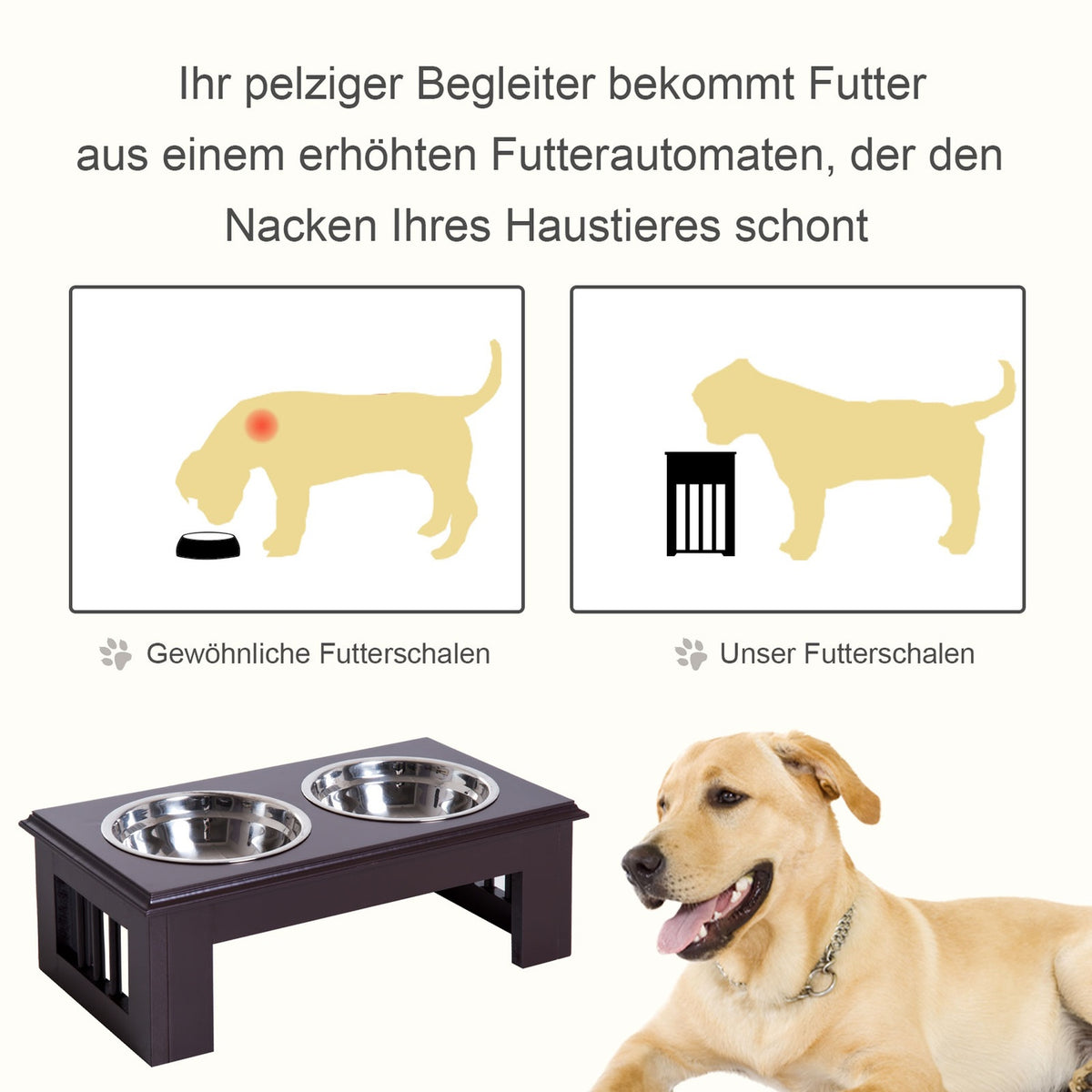 Dog Bowl Set Of 2 Stainless Steel Food Bowls, Raised Cat Bowl, Mdf, Easy Care, Coffee, 44X24X15Cm
