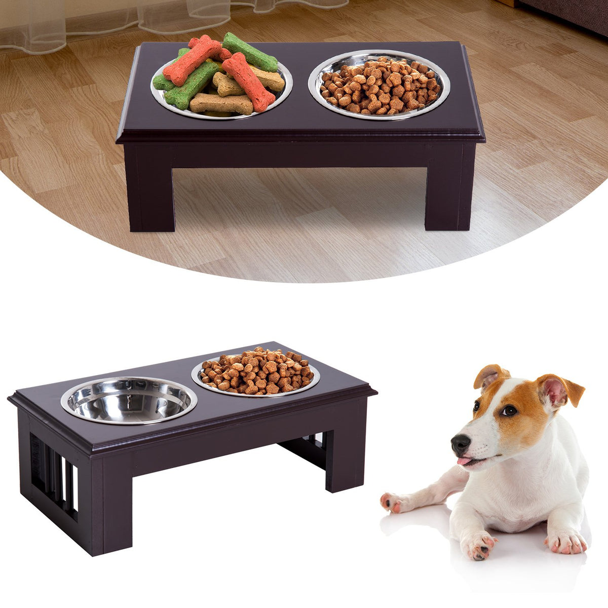 Dog Bowl Set Of 2 Stainless Steel Food Bowls, Raised Cat Bowl, Mdf, Easy Care, Coffee, 44X24X15Cm