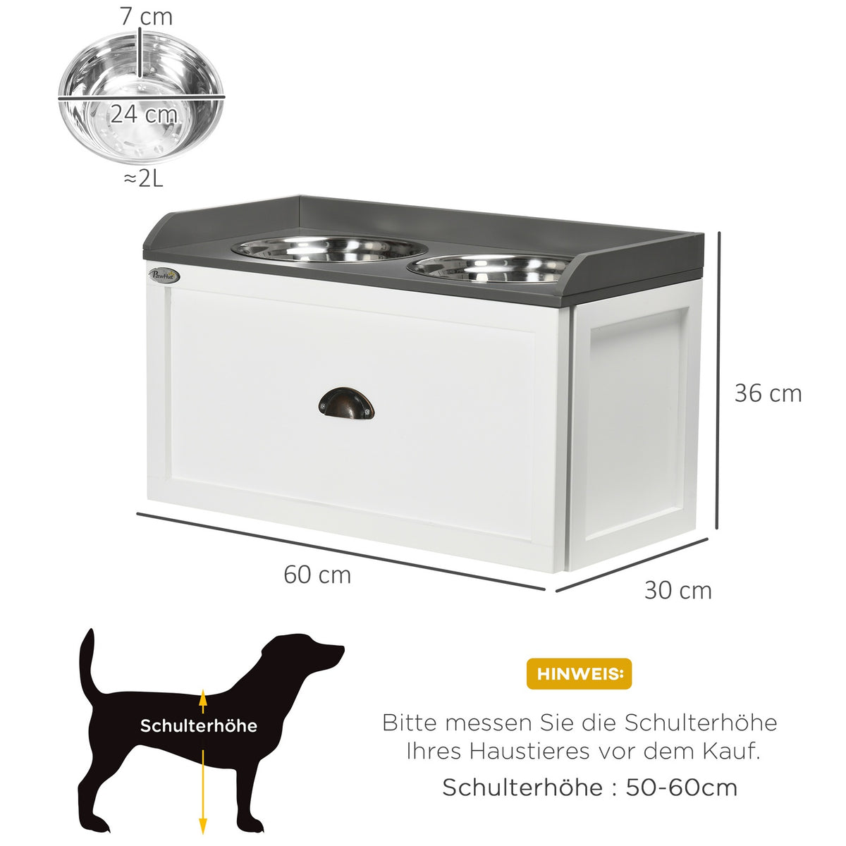 Dog Bowl With Drawer 2X2L Elevated Stainless Steel Feeding Station For Cats/Dogs, White