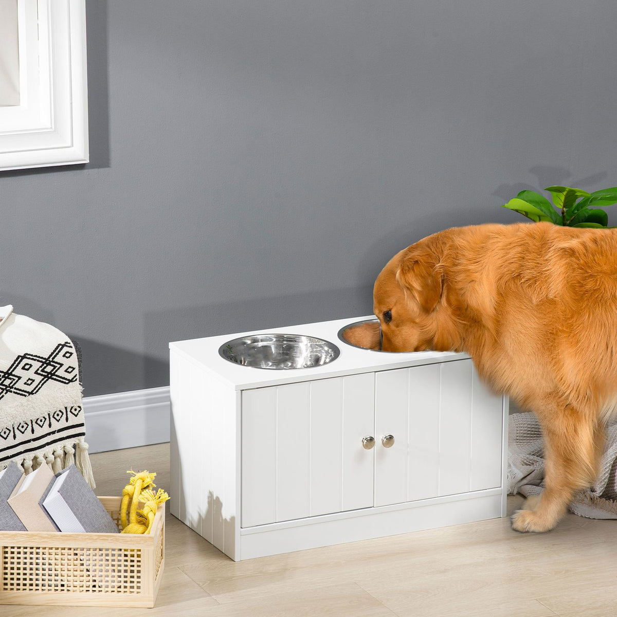 Dog Bowls, Elevated Feeding Station With 2 Stainless Steel Bowls, Dog Bowl Stand With 44L Storage Space, Magnetic Doors, Food Bowl, Water Bowl, White