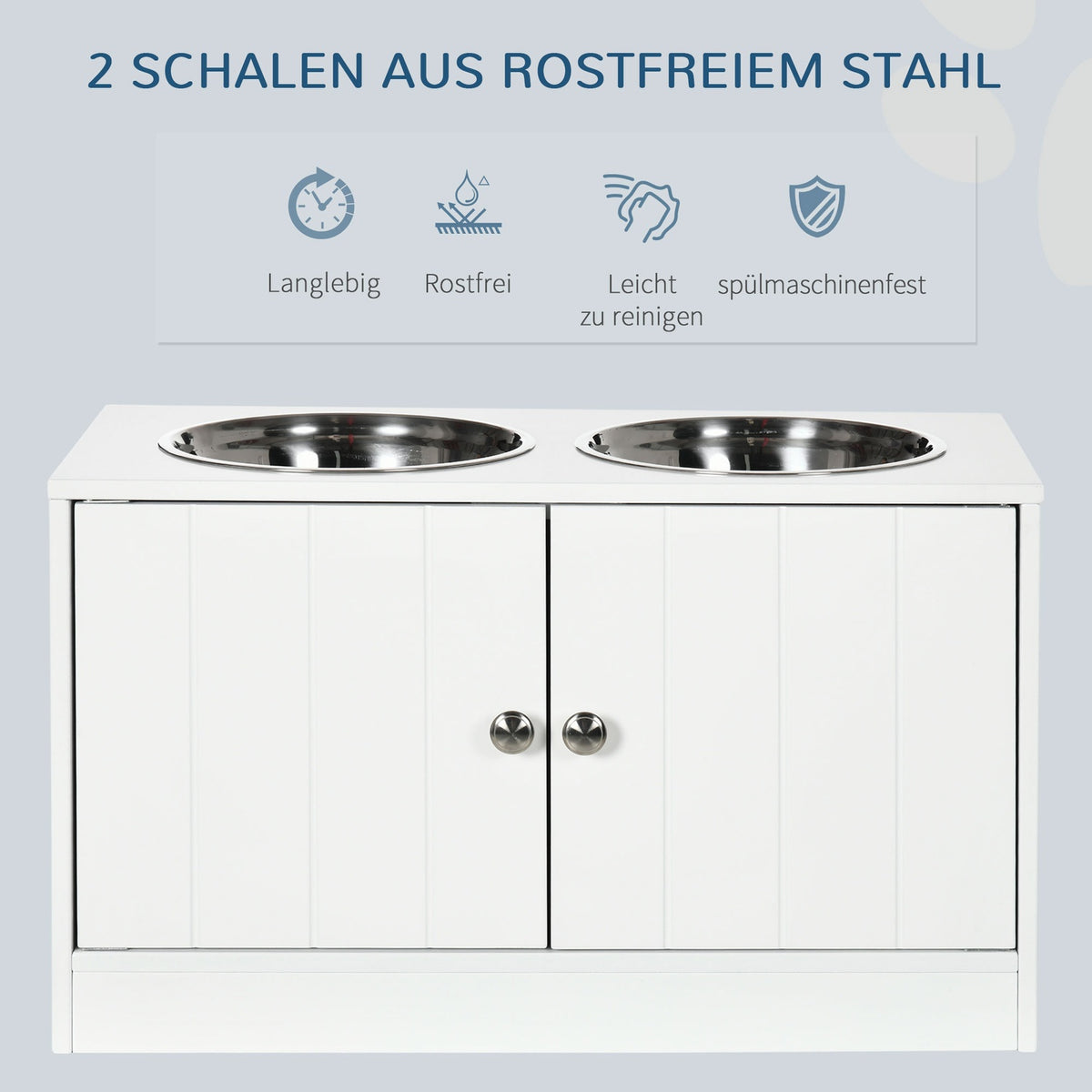 Dog Bowls, Elevated Feeding Station With 2 Stainless Steel Bowls, Dog Bowl Stand With 44L Storage Space, Magnetic Doors, Food Bowl, Water Bowl, White