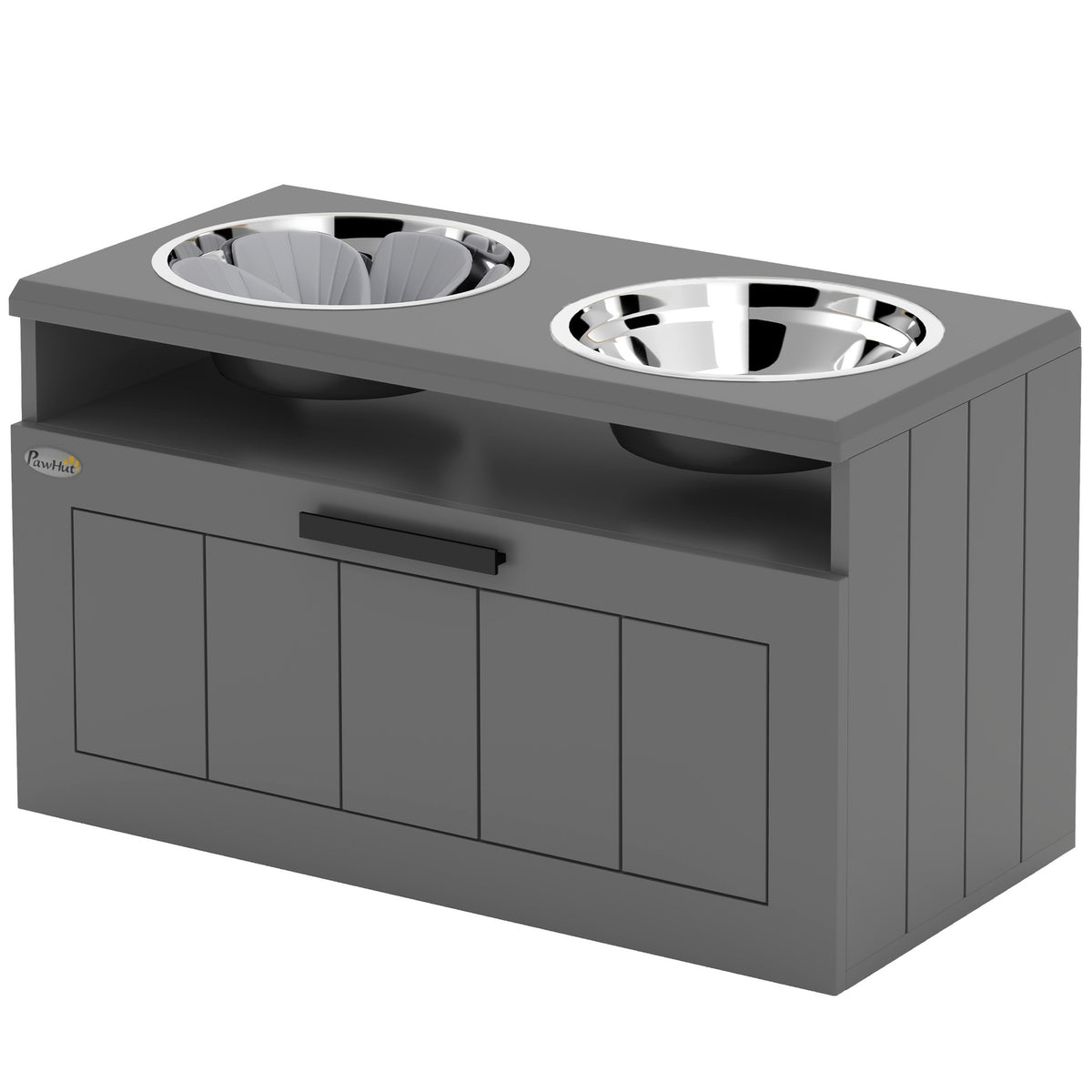 Dog Bowls, Elevated Feeding Station with 2 Stainless Steel Bowls, Anti-Sling Mat, Dog Bowl Stand with 25L Storage Space, Food Bowl, Water Bowl for Large and Extra Large Dogs, Gray