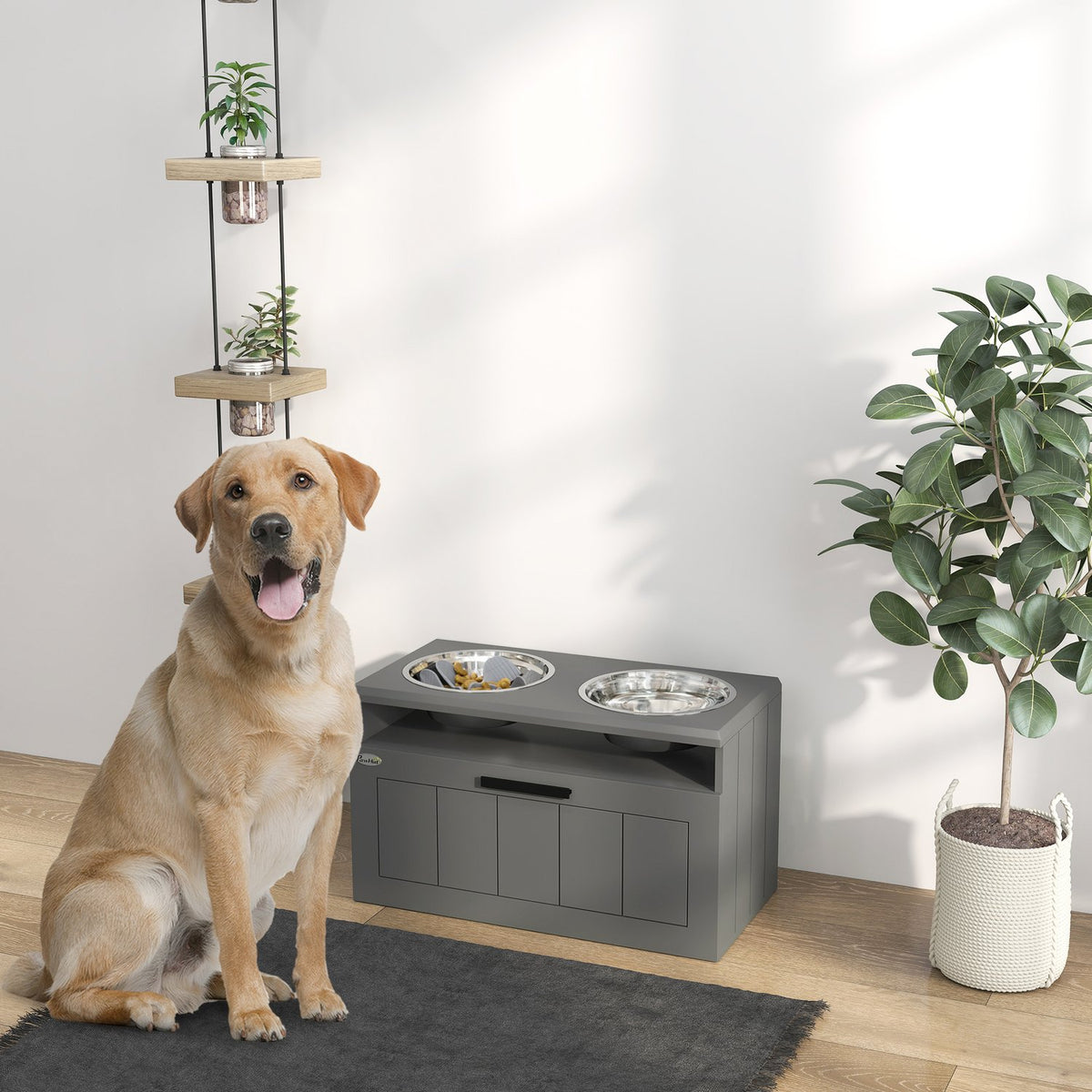Dog Bowls, Elevated Feeding Station with 2 Stainless Steel Bowls, Anti-Sling Mat, Dog Bowl Stand with 25L Storage Space, Food Bowl, Water Bowl for Large and Extra Large Dogs, Gray