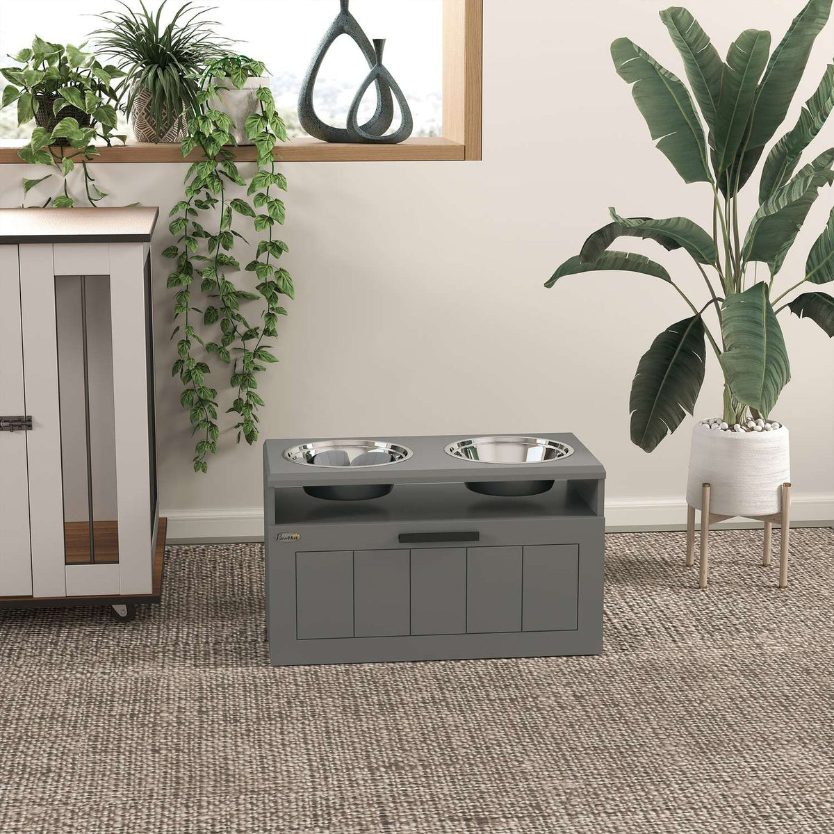 Dog Bowls, Elevated Feeding Station with 2 Stainless Steel Bowls, Anti-Sling Mat, Dog Bowl Stand with 25L Storage Space, Food Bowl, Water Bowl for Large and Extra Large Dogs, Gray