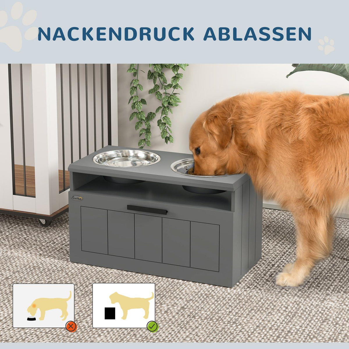 Dog Bowls, Elevated Feeding Station with 2 Stainless Steel Bowls, Anti-Sling Mat, Dog Bowl Stand with 25L Storage Space, Food Bowl, Water Bowl for Large and Extra Large Dogs, Gray