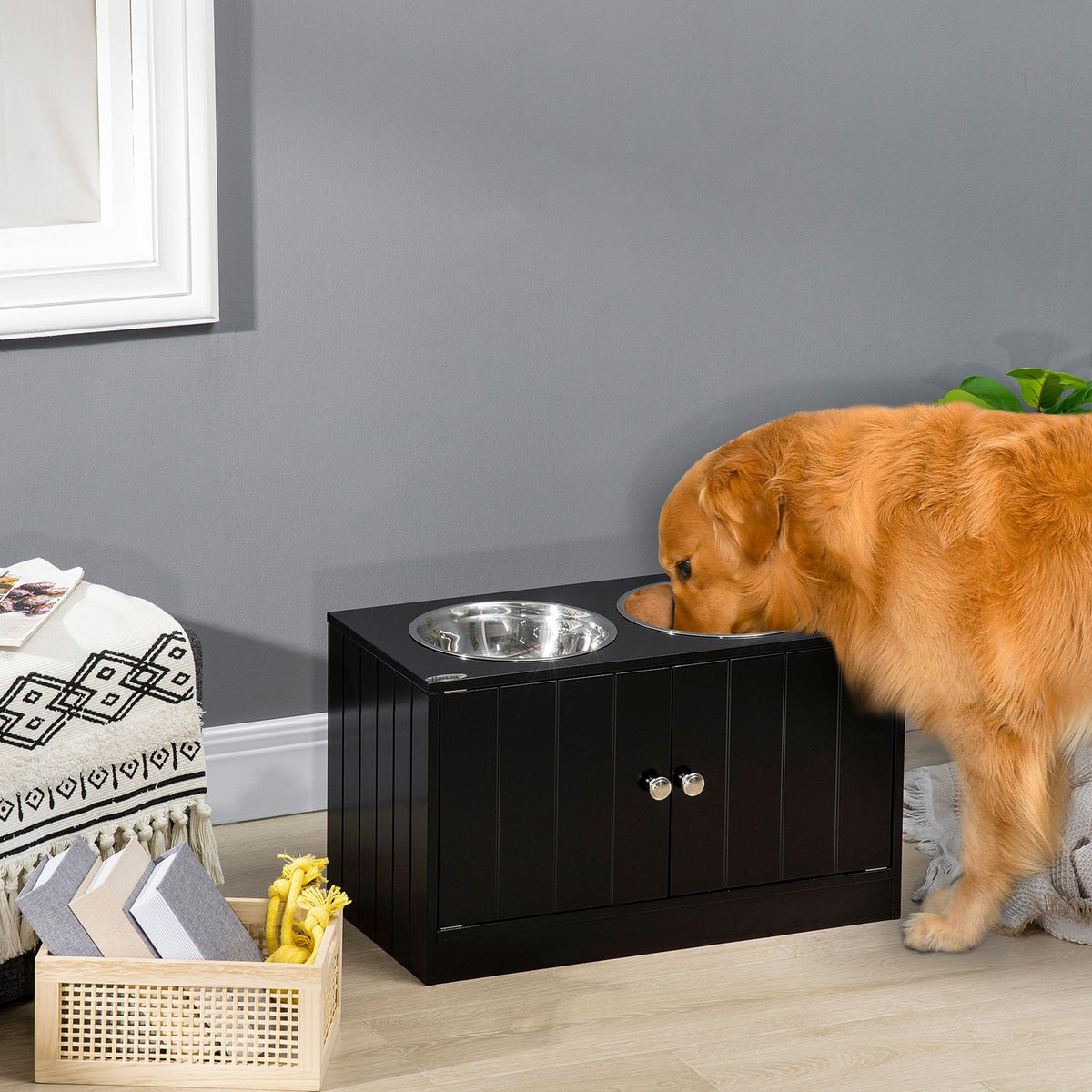 Dog Bowls, Elevated Feeding Station with 2 Stainless Steel Bowls, Dog Bowl Stand with 44L Storage Space, Magnetic Doors, Food Bowl, Water Bowl for Large Dogs, Black