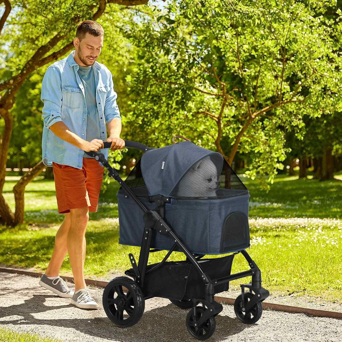 Dog Buggy 2 In 1 Dog Stroller Transport Bag, Folding Cat Stroller, Dog Box, Cat Buggy With Mesh Window, Up To 10 Kg, Oxford, Dark Blue
