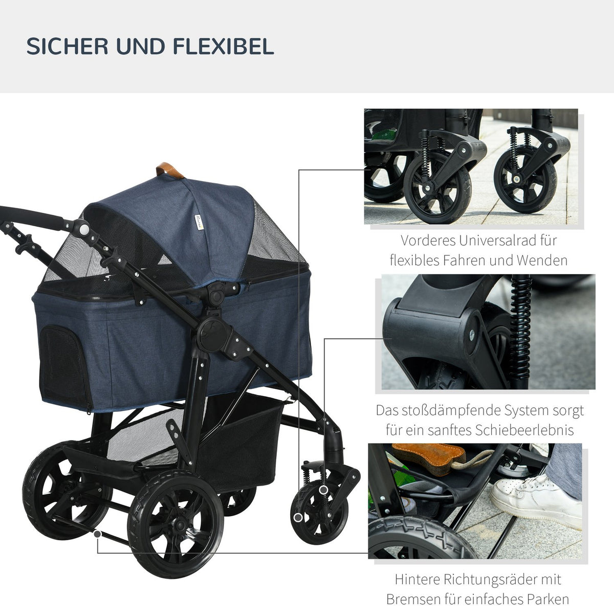 Dog Buggy 2 In 1 Dog Stroller Transport Bag, Folding Cat Stroller, Dog Box, Cat Buggy With Mesh Window, Up To 10 Kg, Oxford, Dark Blue