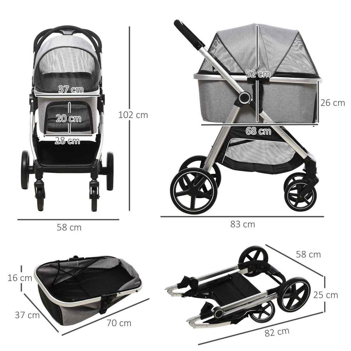 Dog Buggy 2-In-1 Foldable Brakes Mesh Window Safety Leashes Light Gray Up To 15Kg