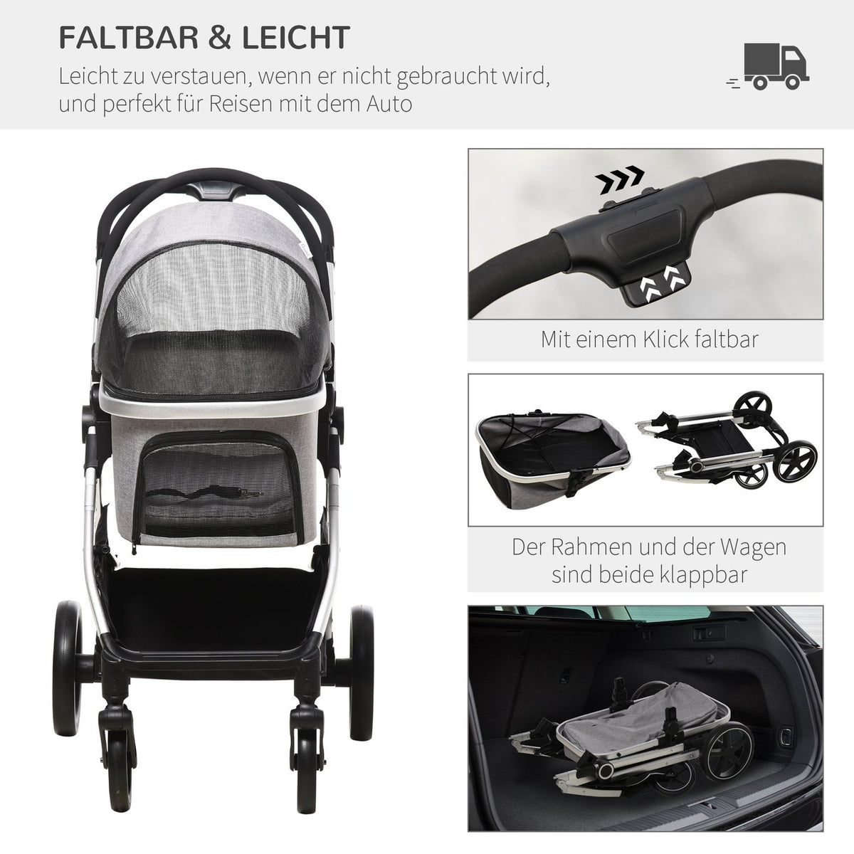 Dog Buggy 2-In-1 Foldable Brakes Mesh Window Safety Leashes Light Gray Up To 15Kg