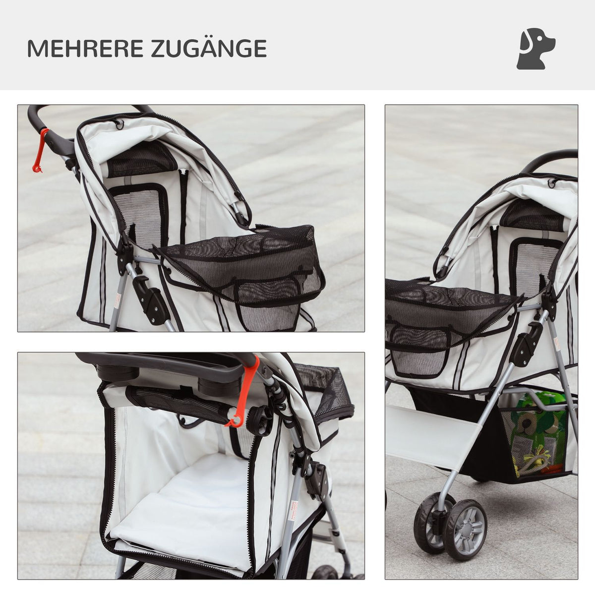 Dog Buggy Dog Cart With Rain Cover, Foldable Dog Trolley Up To 20 Kg, Gray, With Cup Holder & Mesh Window, 75X45X97Cm