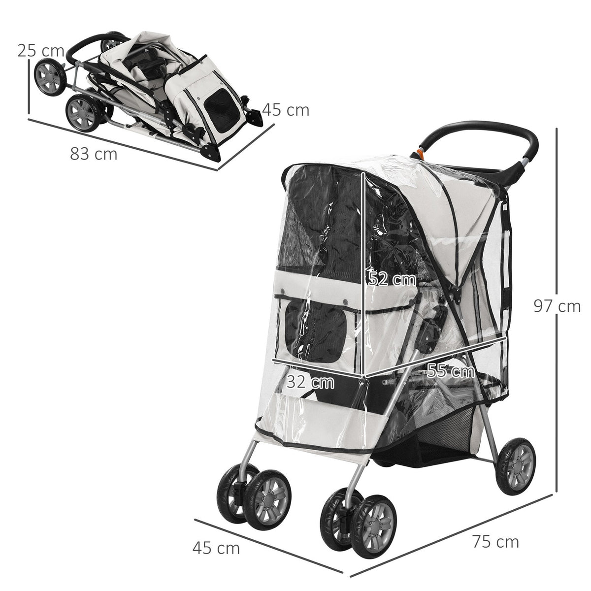 Dog Buggy Dog Cart With Rain Cover, Foldable Dog Trolley Up To 20 Kg, Gray, With Cup Holder & Mesh Window, 75X45X97Cm